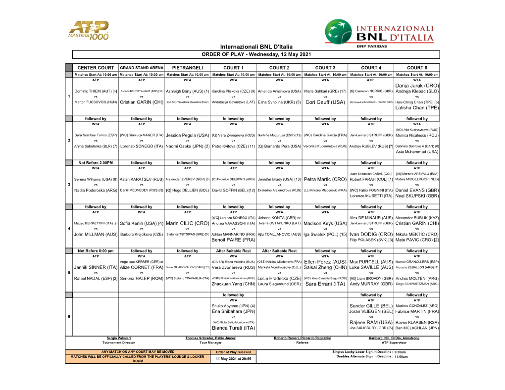 Internazionali BNL D'italia ORDER of PLAY - Wednesday, 12 May 2021