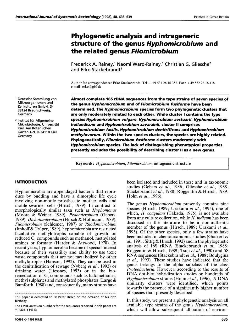 Phylogenetic Analysis and Intrageneric Structure of the Genus Hyphornicrobium and the Related Genus Filornicrobium