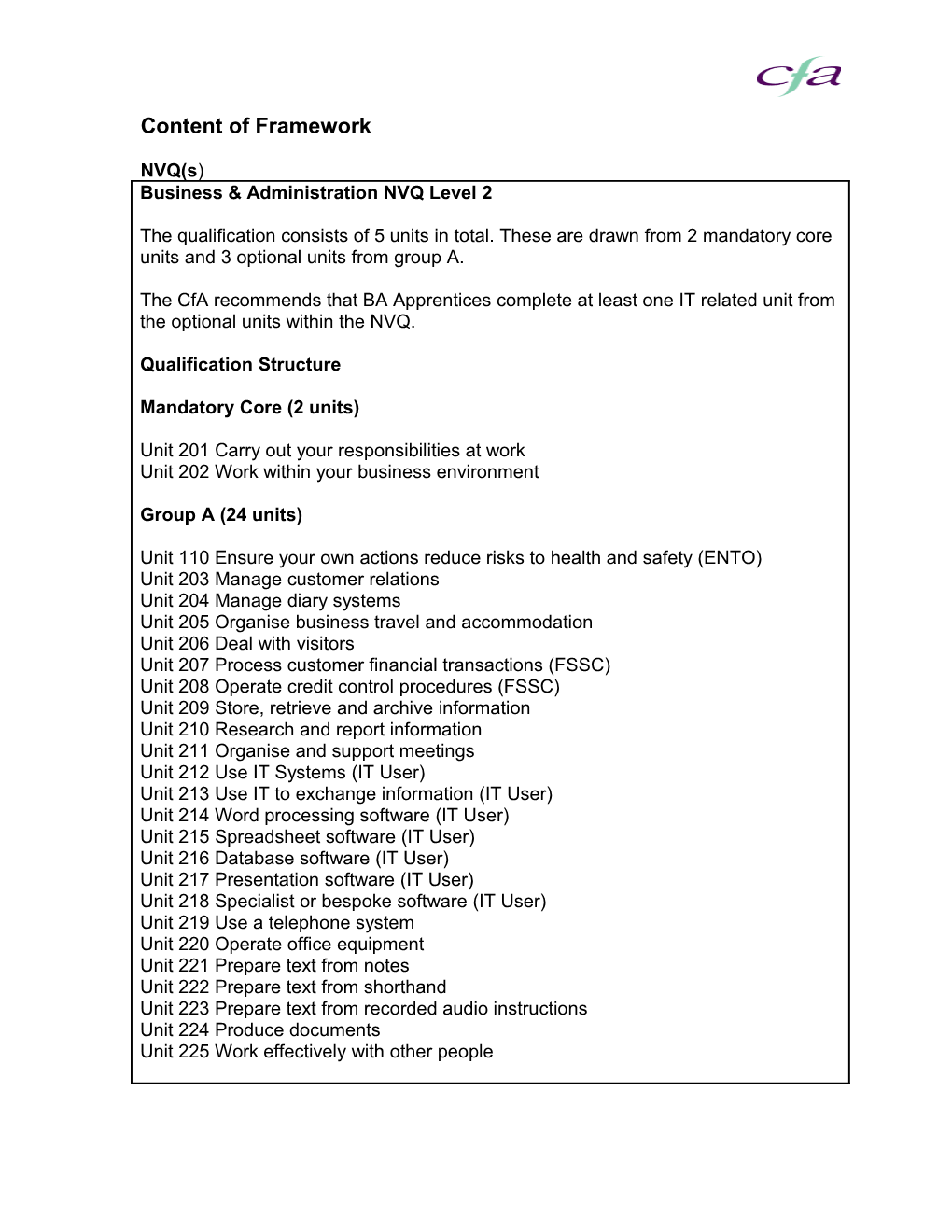 Content of Framework