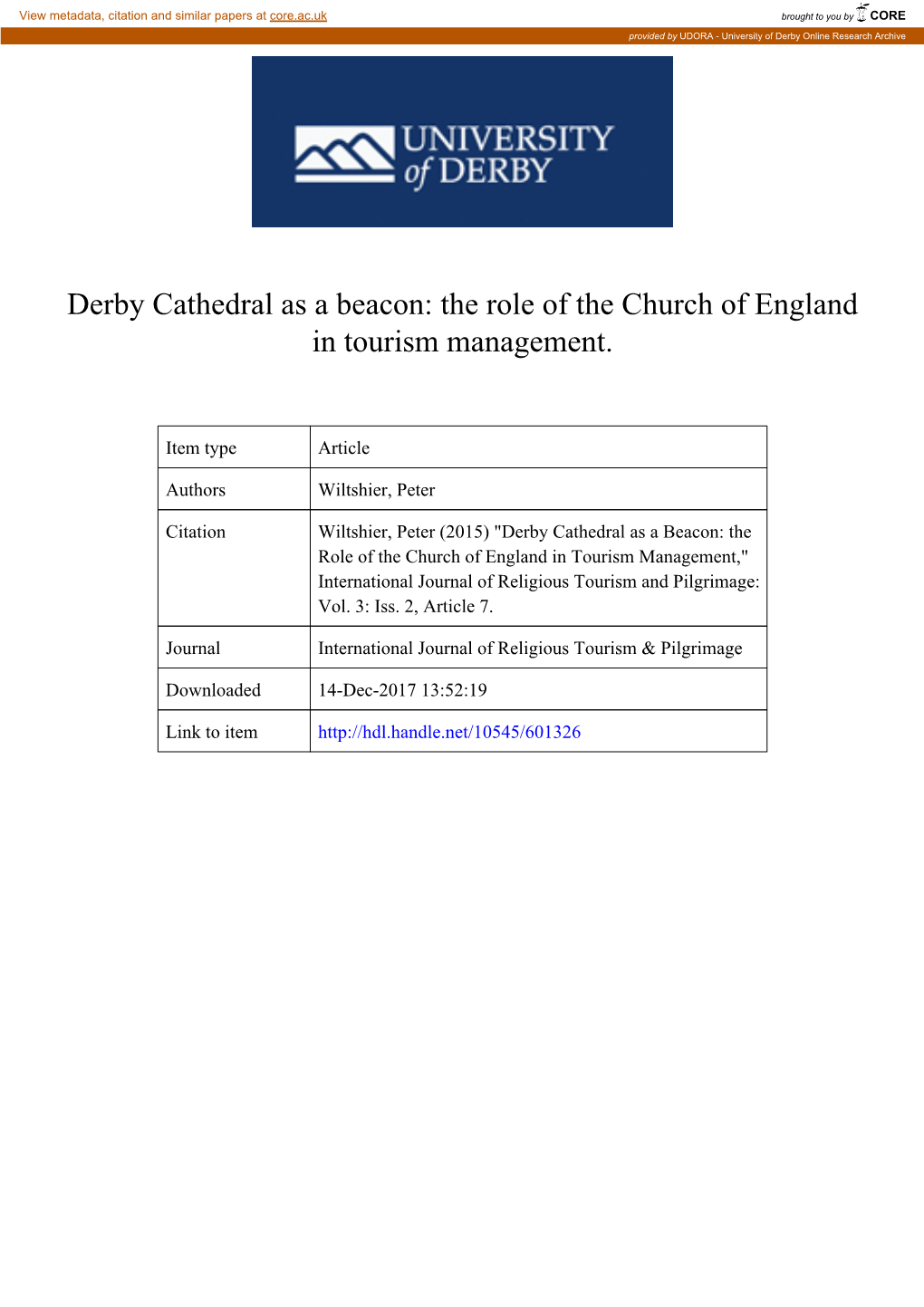 Derby Cathedral As a Beacon: the Role of the Church of England in Tourism Management