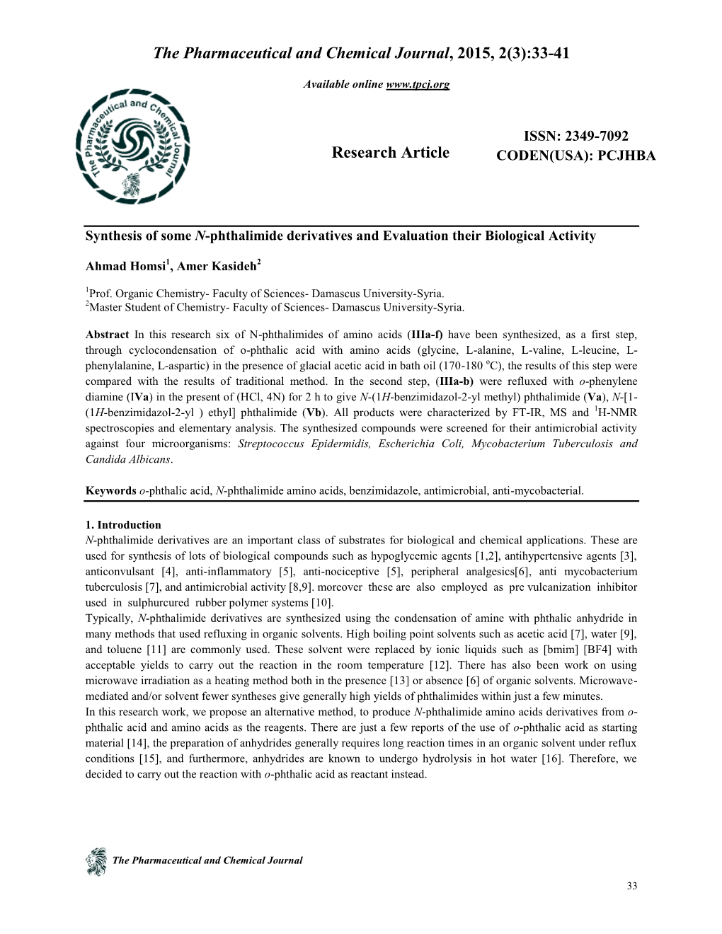 Synthesis of Some N-Phthalimide Derivatives and Evaluation Their Biological Activity