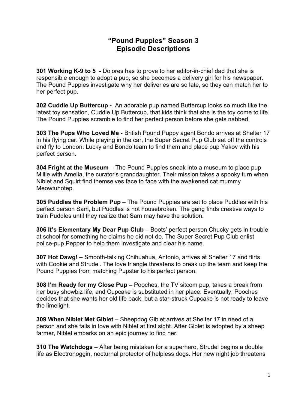 Pound Puppies” Season 3 Episodic Descriptions