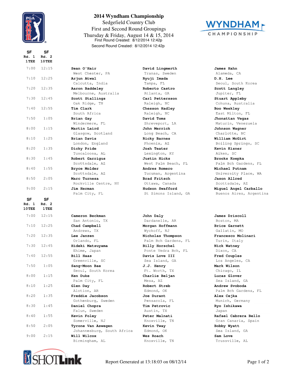 2014 First and Second Round Tee Times