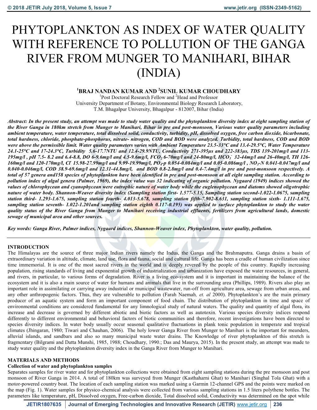 Phytoplankton As Index of Water Quality with Reference to Pollution of the Ganga River from Munger to Manihari, Bihar (India)