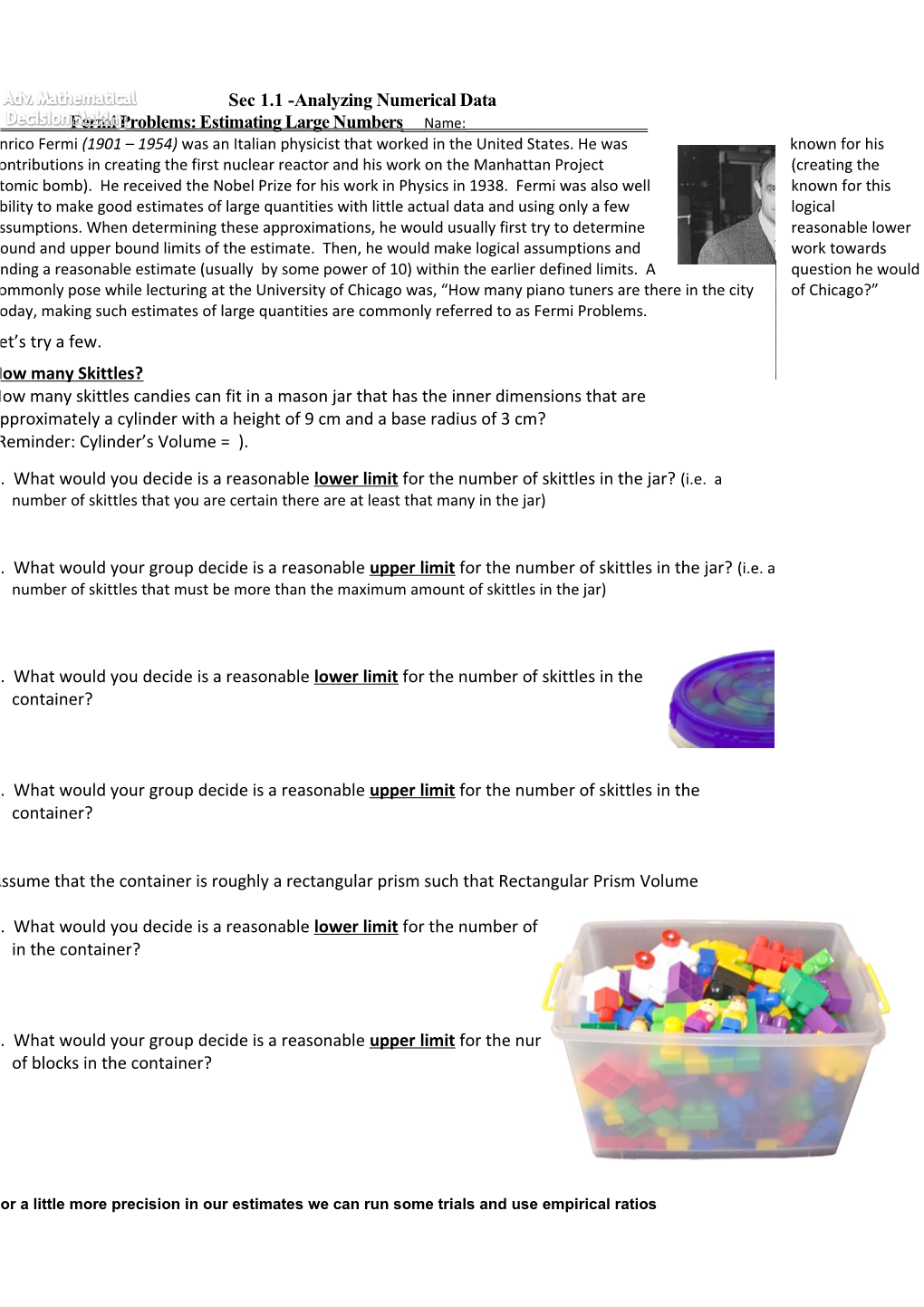 Fermi Problems: Estimating Large Numbers Name