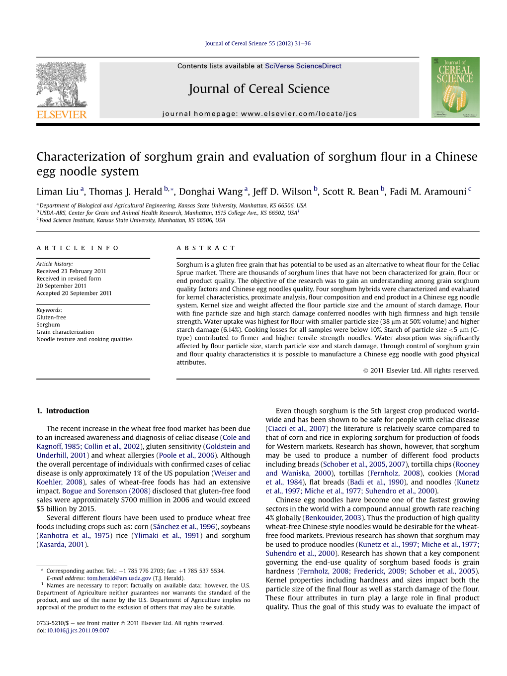 Characterization of Sorghum Grain and Evaluation of Sorghum Flour in a Chinese Egg Noodle System