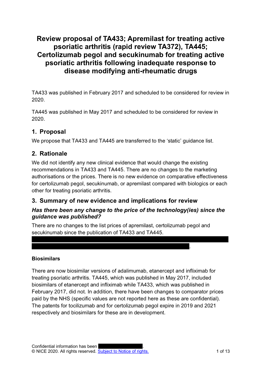 Review Proposal of TA433; Apremilast for Treating Active Psoriatic Arthritis (Rapid Review TA372), TA445; Certolizumab Pegol