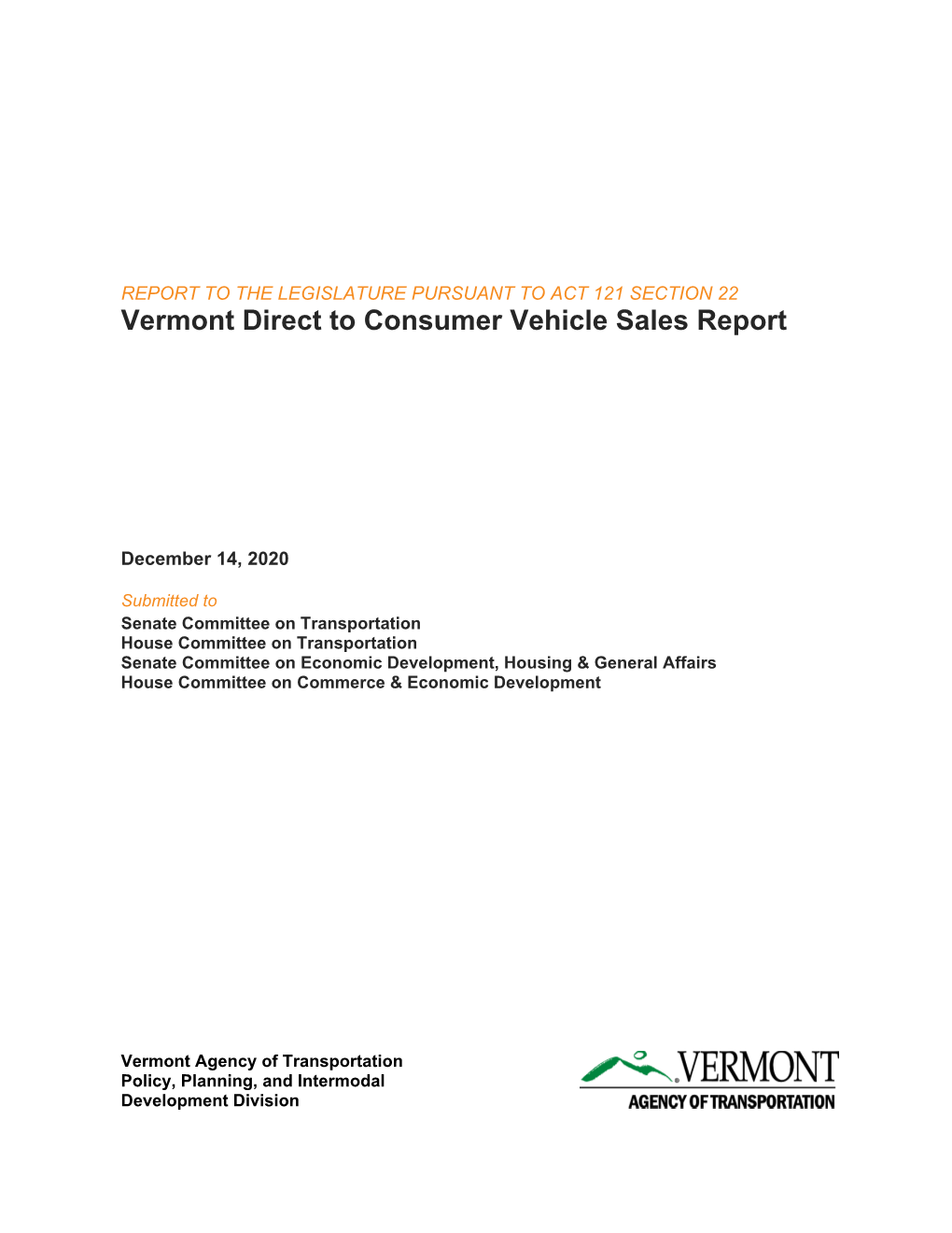 Vermont Direct to Consumer Vehicle Sales Report