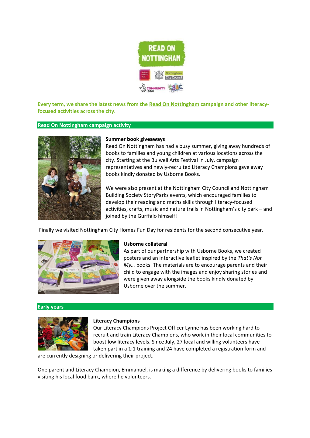 Every Term, We Share the Latest News from the Read on Nottingham Campaign and Other Literacy- Focused Activities Across the City