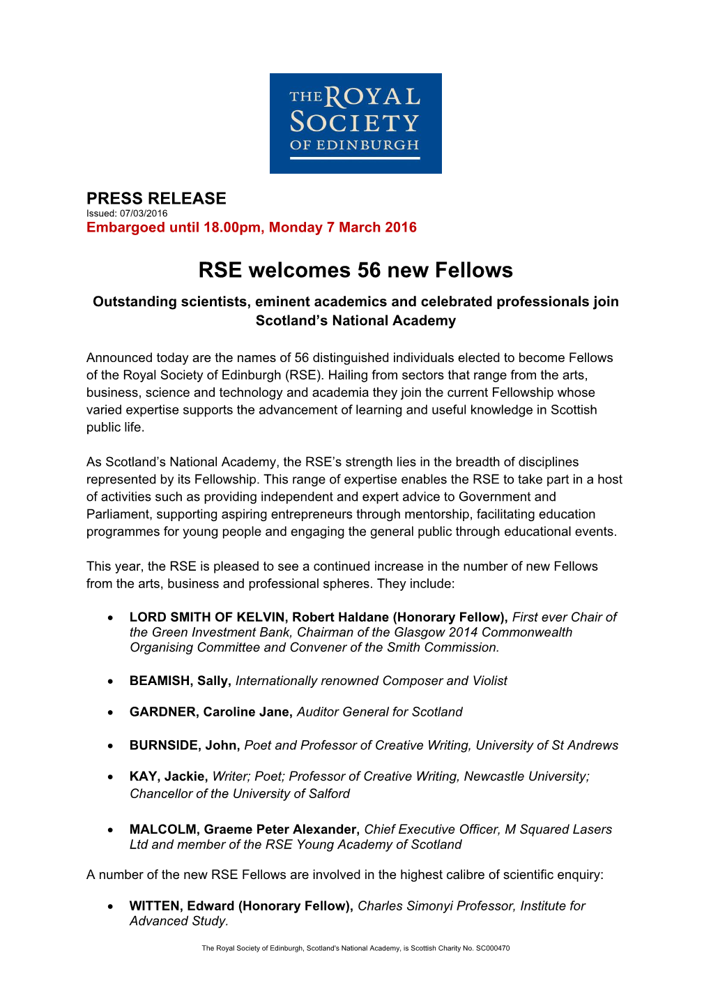 RSE Welcomes 56 New Fellows