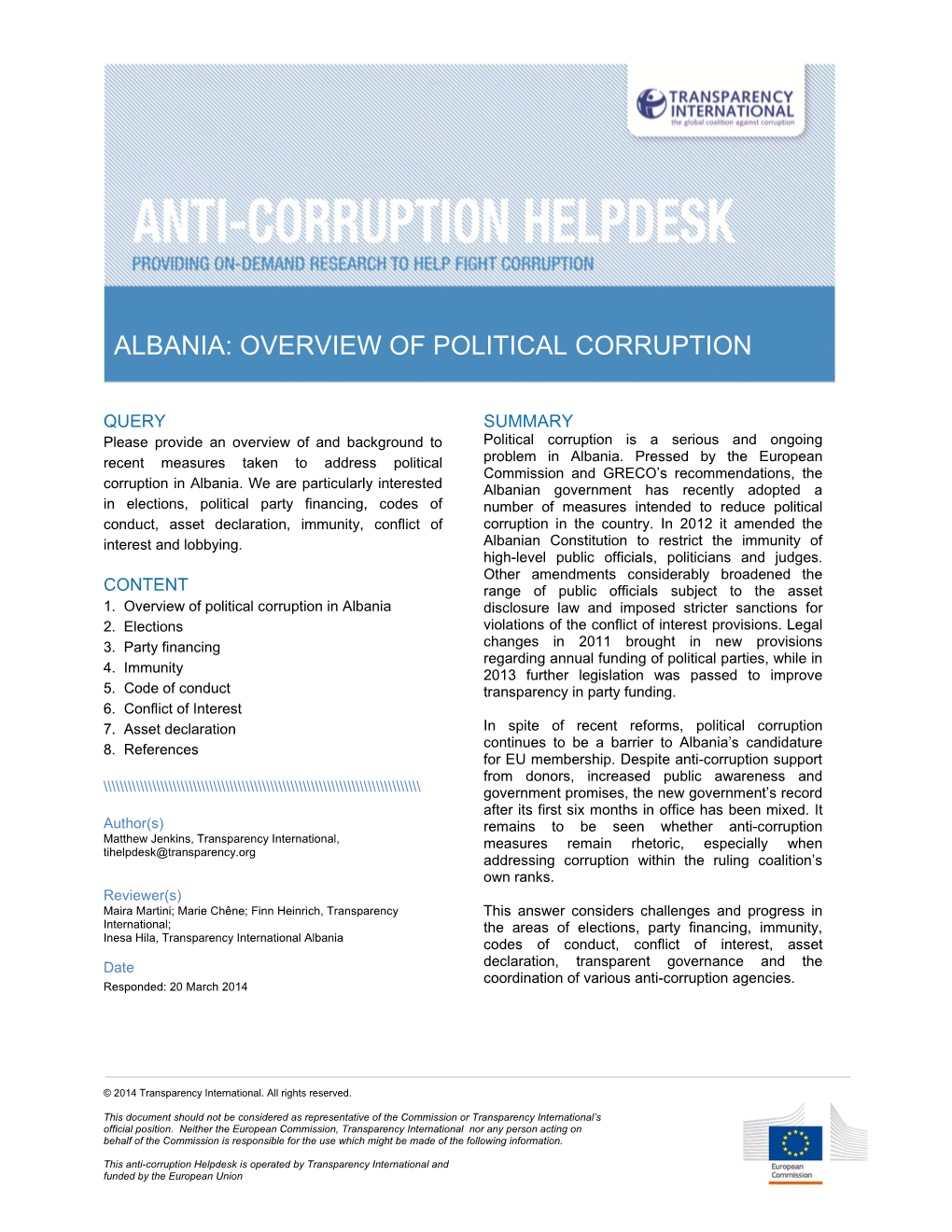 Albania: Overview of Political Corruption