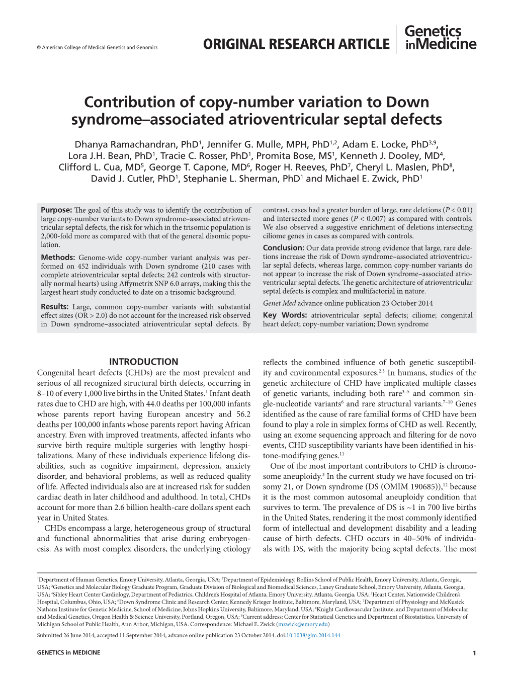 Contribution of Copy-Number Variation to Down Syndrome–Associated Atrioventricular Septal Defects