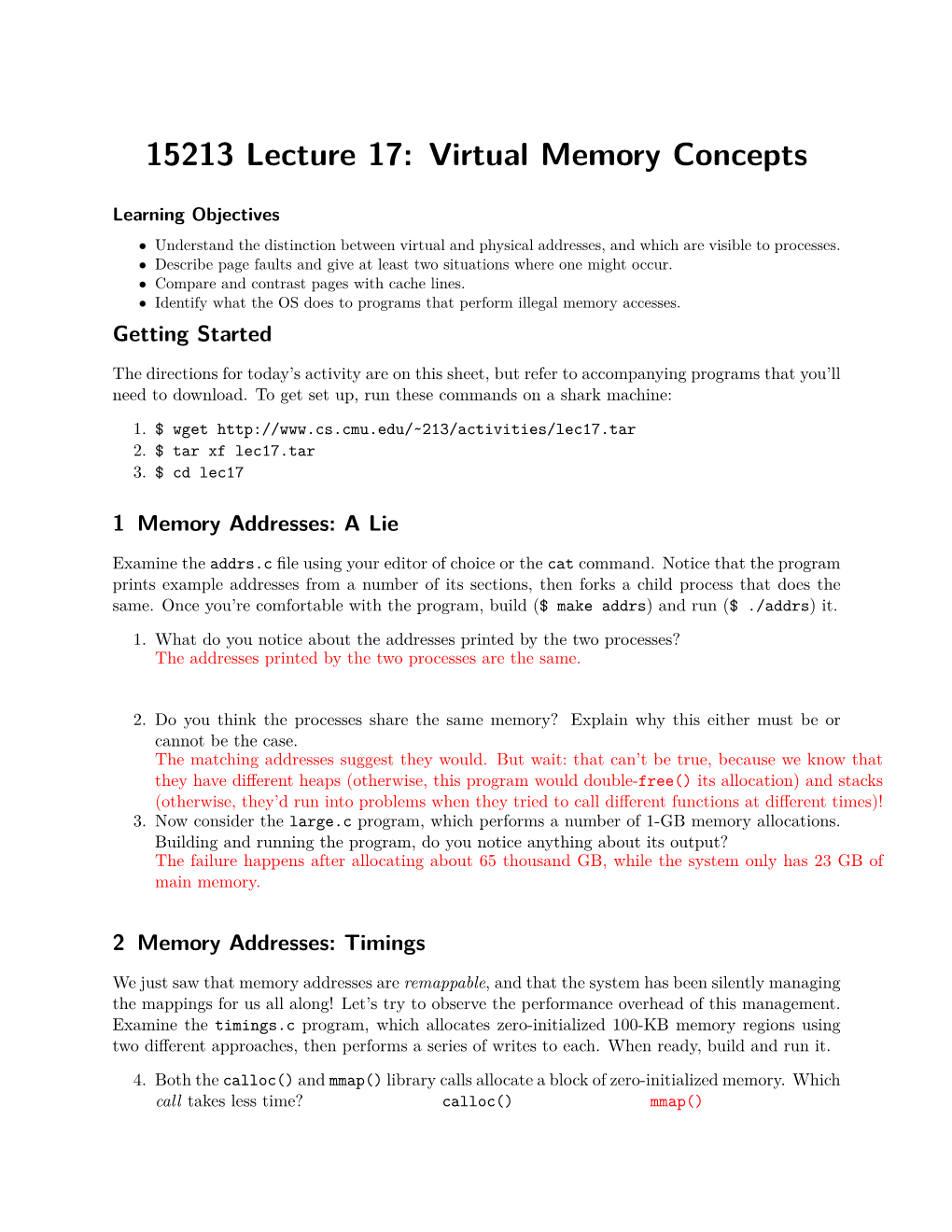 15213 Lecture 17: Virtual Memory Concepts