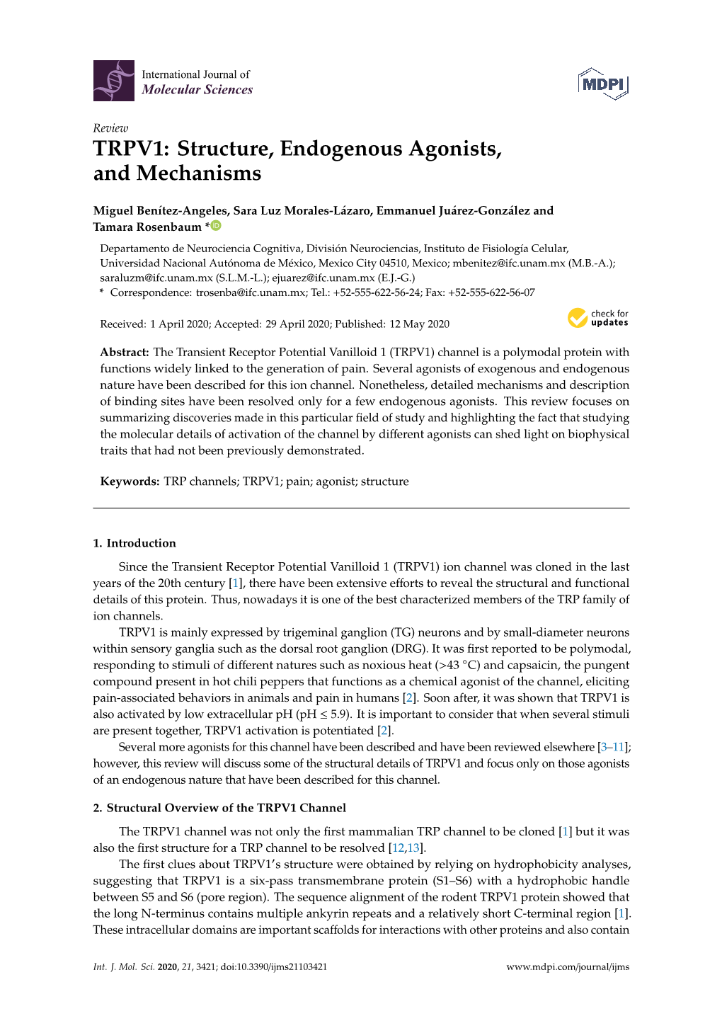 TRPV1: Structure, Endogenous Agonists, and Mechanisms