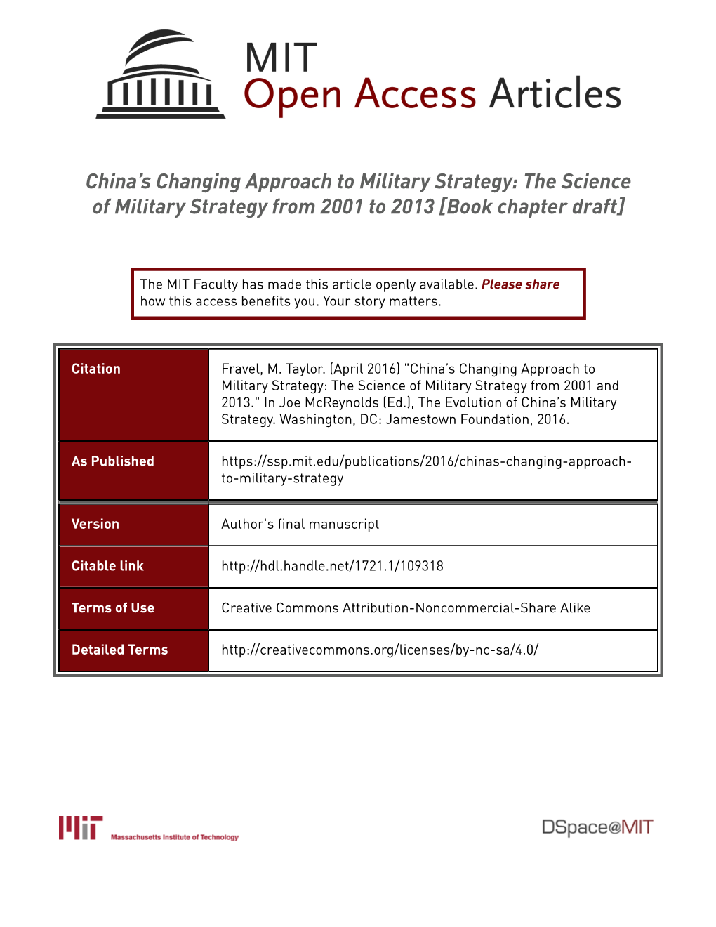 The Science of Military Strategy from 2001 to 2013 [Book Chapter Draft]