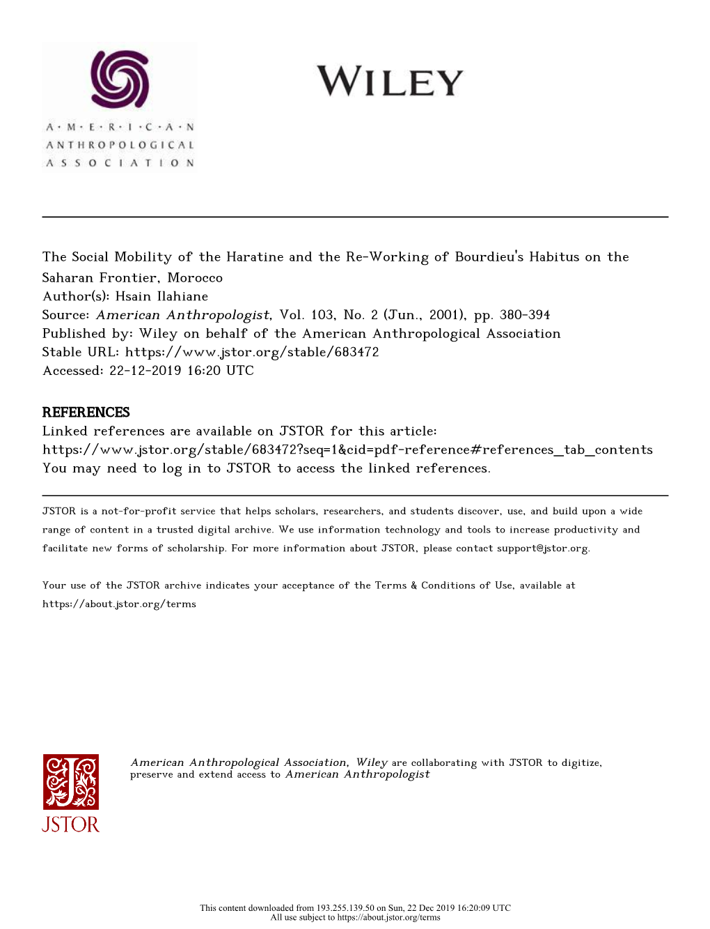 The Social Mobility of the Haratine and the Re-Working of Bourdieu's Habitus on the Saharan Frontier, Morocco