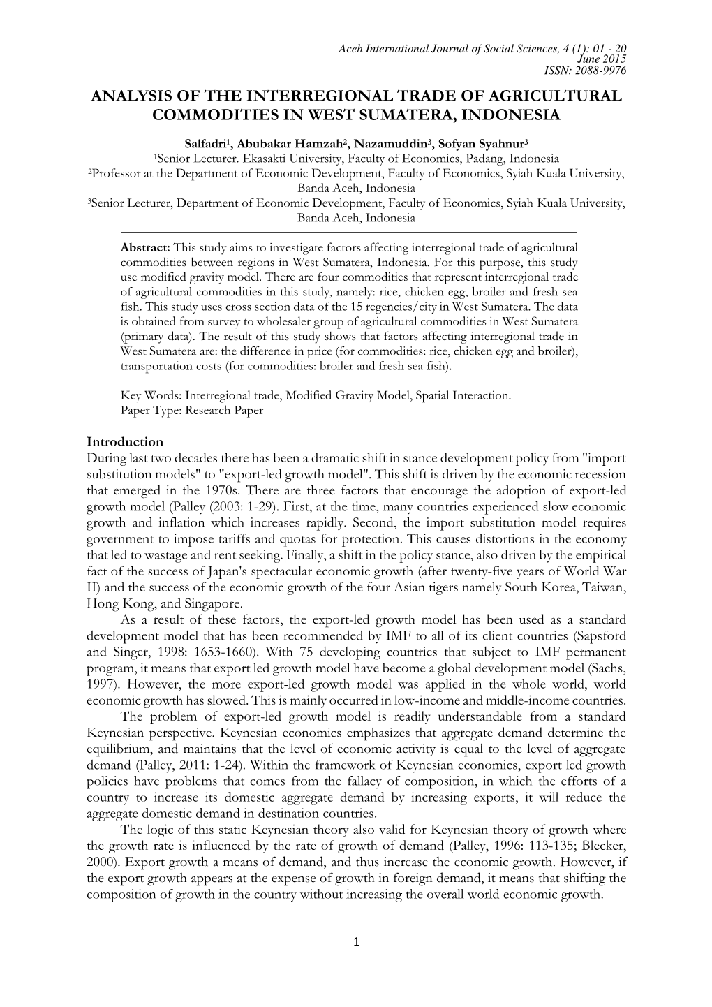 Analysis of the Interregional Trade of Agricultural Commodities in West Sumatera, Indonesia