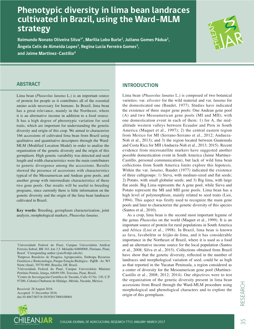 Phenotypic Diversity in Lima Bean Landraces Cultivated in Brazil, Using