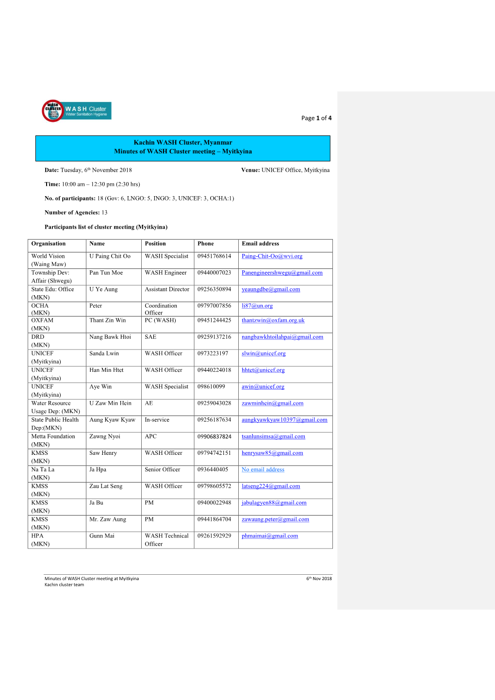 Of 4 Kachin WASH Cluster, Myanmar Minutes of WASH Cluster