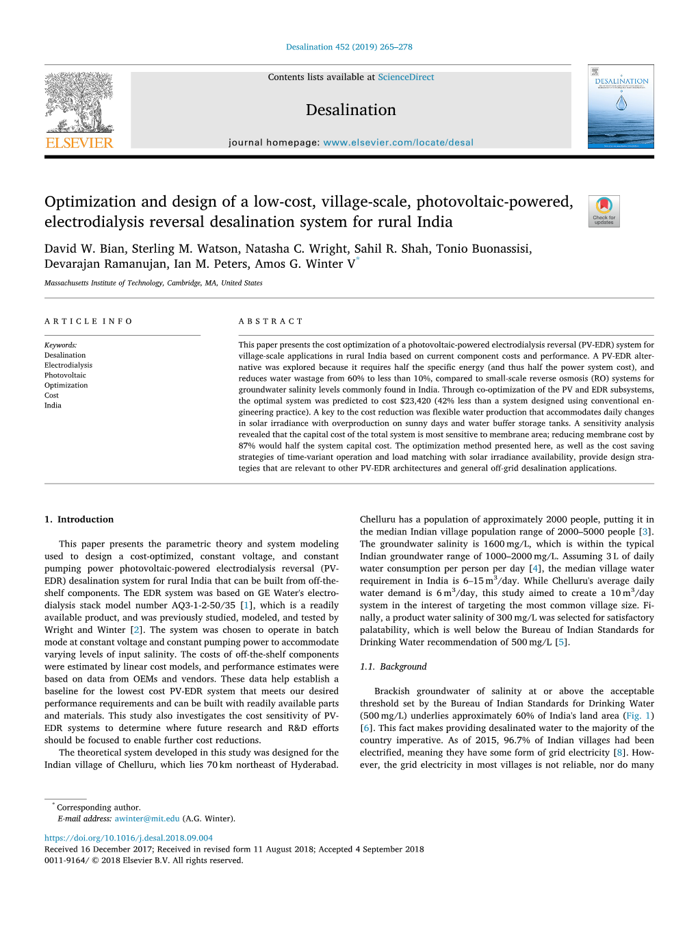 Optimization and Design of a Low-Cost, Village-Scale, Photovoltaic-Powered, T Electrodialysis Reversal Desalination System for Rural India David W