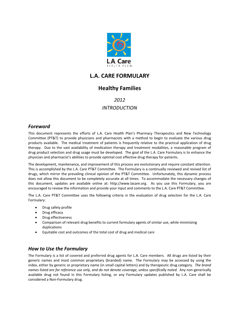 L.A. CARE FORMULARY Healthy Families