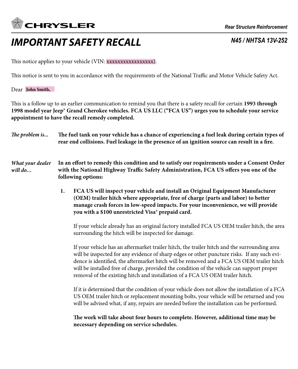 Important Safety Recall N45 / Nhtsa 13V-252