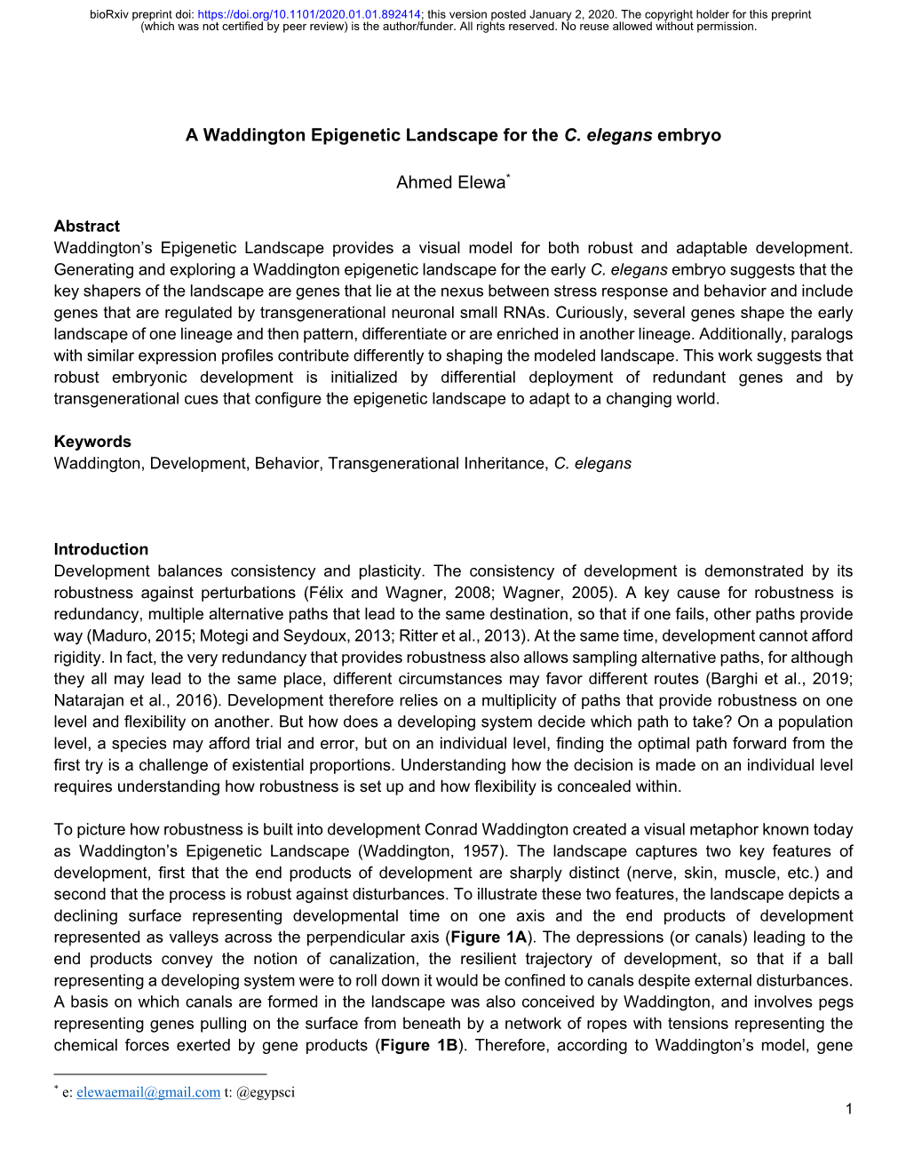 A Waddington Epigenetic Landscape for the C. Elegans Embryo