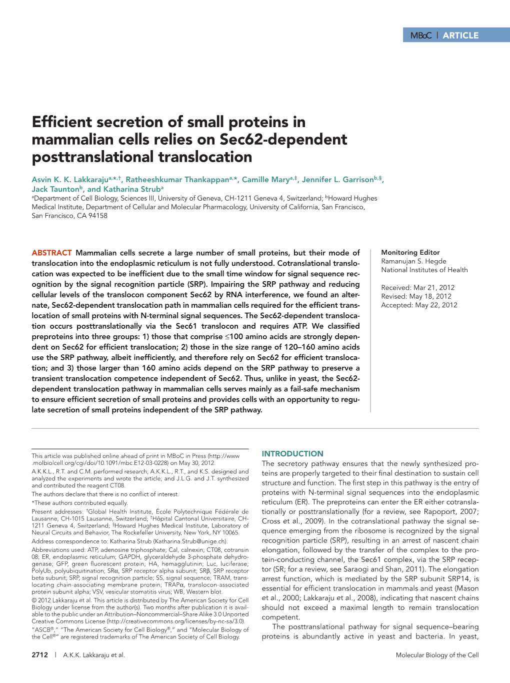 Efficient Secretion of Small Proteins in Mammalian Cells Relies on Sec62-Dependent Posttranslational Translocation