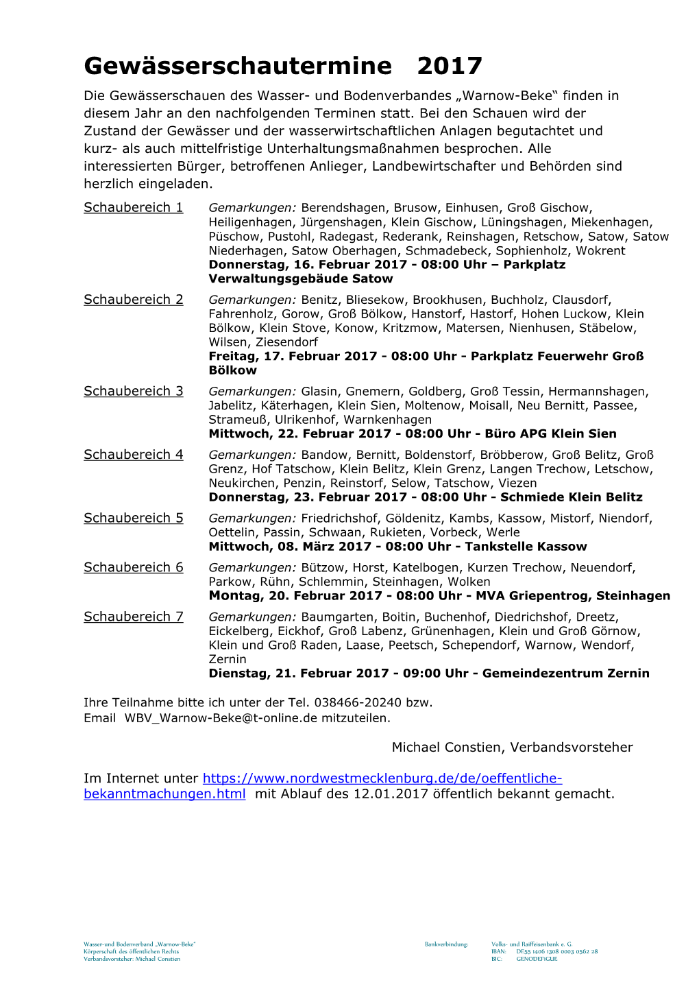 Gewässerschautermine 2017 Die Gewässerschauen Des Wasser- Und Bodenverbandes „Warnow-Beke“ Finden in Diesem Jahr an Den Nachfolgenden Terminen Statt