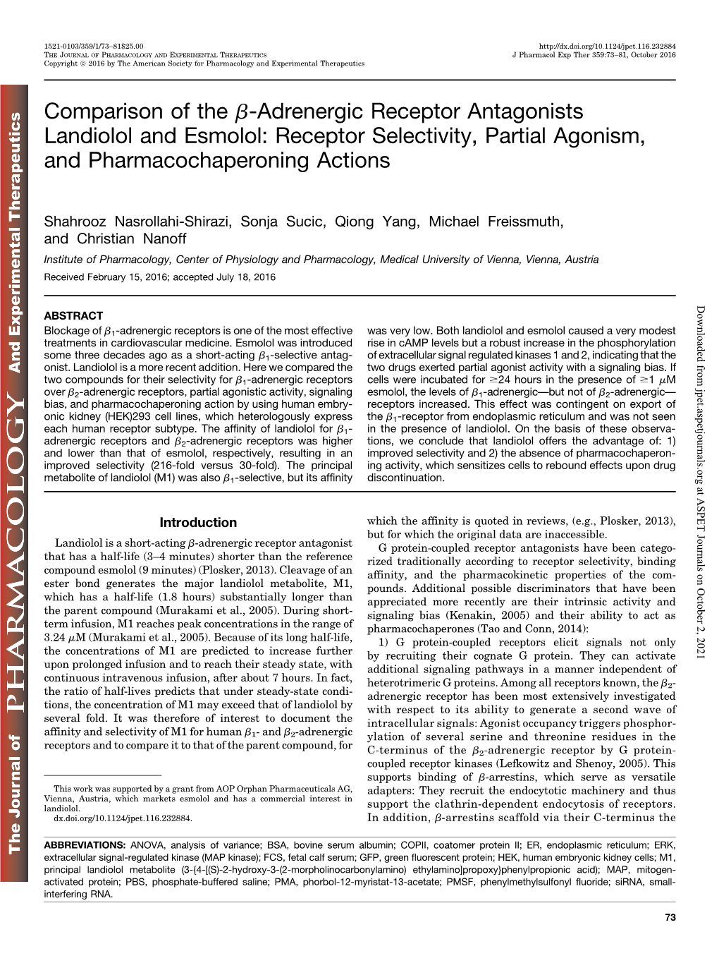 Comparison of the Β-Adrenergic Receptor Antagonists Landiolol and Esmolol: Receptor Selectivity, Partial Agonism, and Pharmacoc