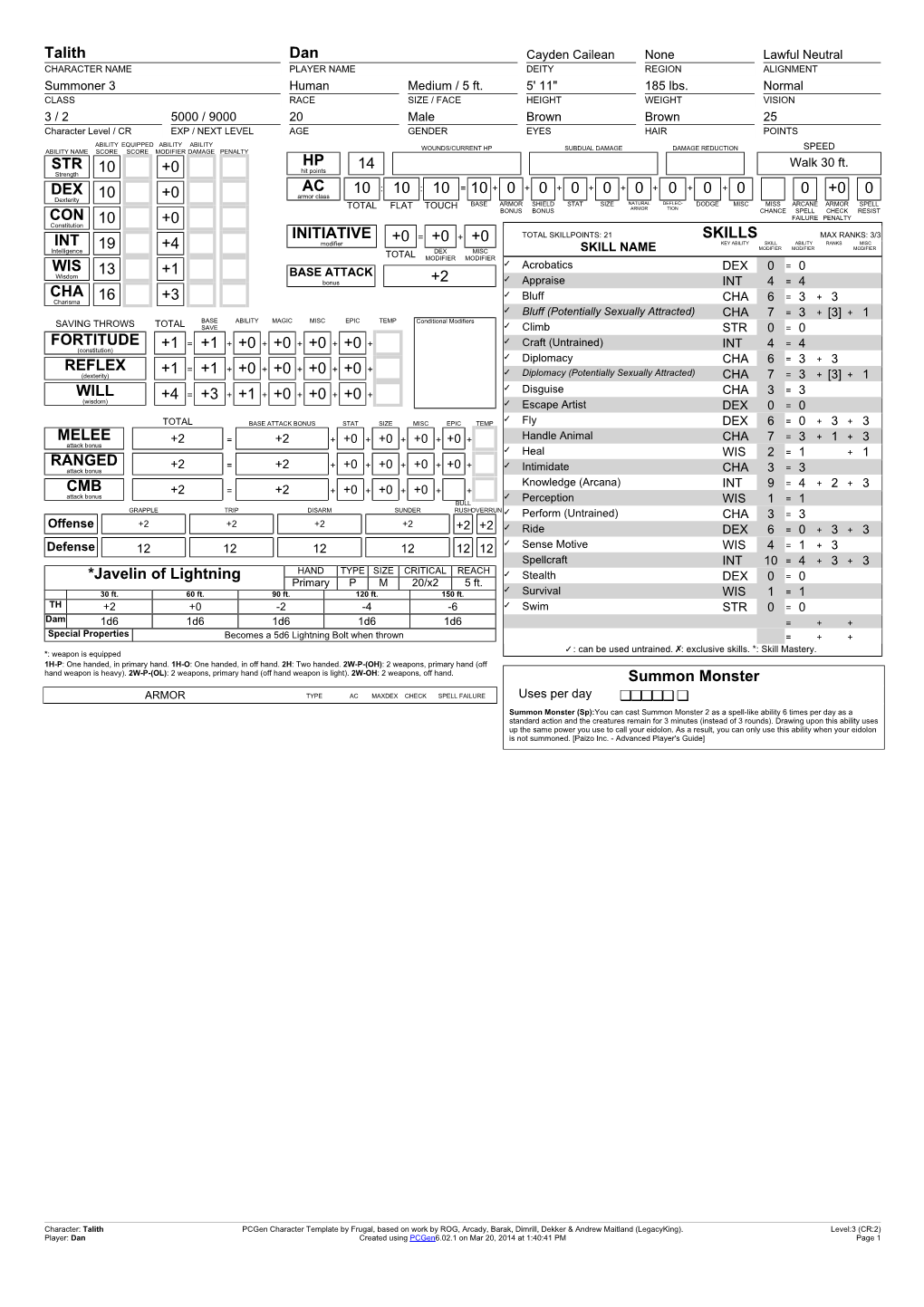 Talith Dan STR 10 +0 DEX 10 +0 CON 10 +0 INT 19 +4 WIS 13 +1 CHA