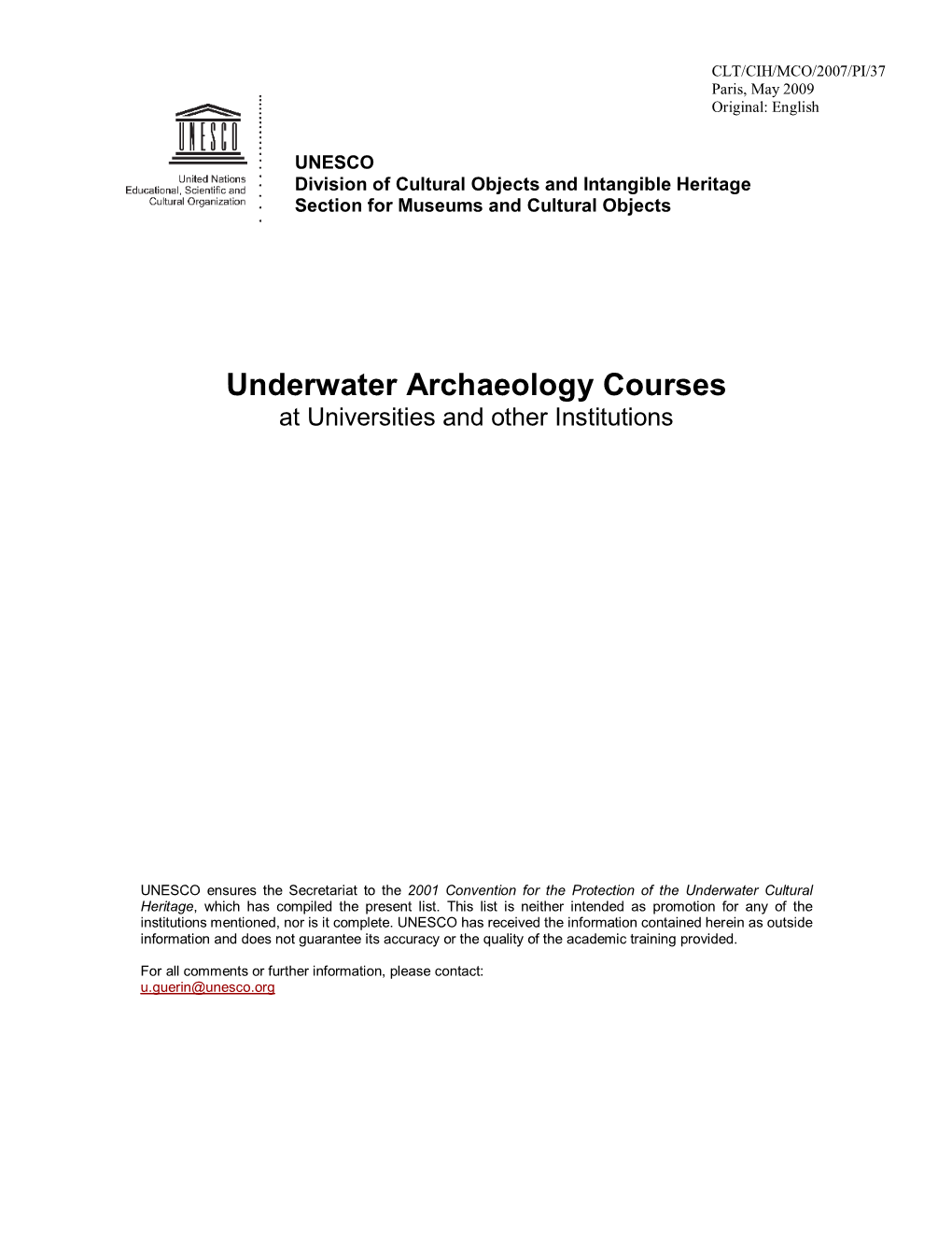 Underwater Archaeology Courses at Universities and Other Institutions