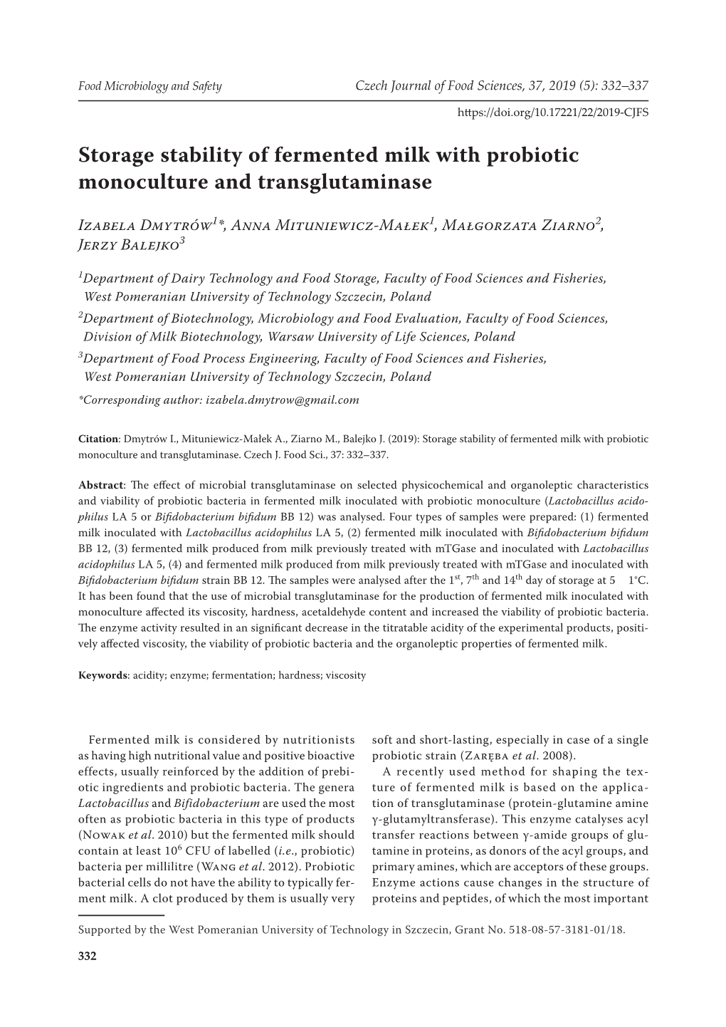 Storage Stability of Fermented Milk with Probiotic Monoculture and Transglutaminase