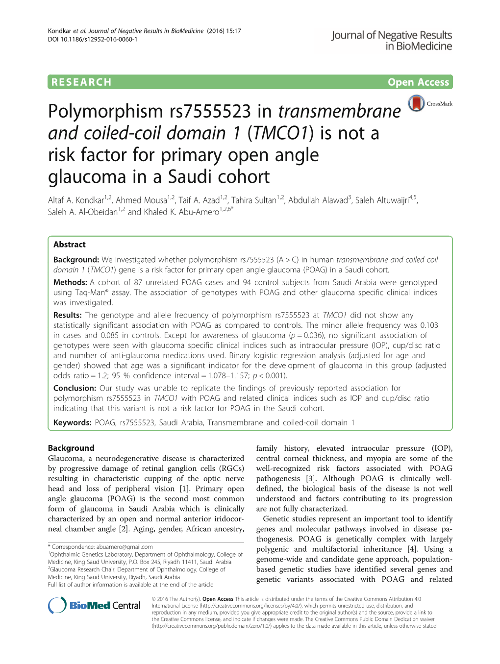 (TMCO1) Is Not a Risk Factor for Primary Open Angle Glaucoma in a Saudi Cohort Altaf A