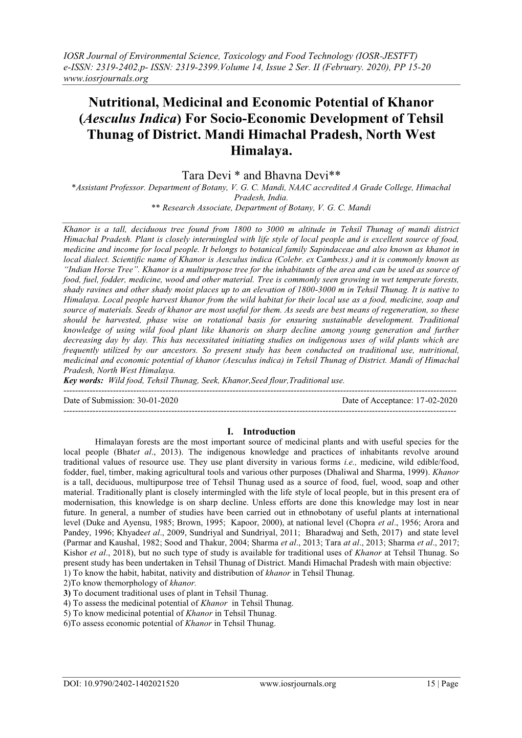 Nutritional, Medicinal and Economic Potential of Khanor (Aesculus Indica) for Socio-Economic Development of Tehsil Thunag of District