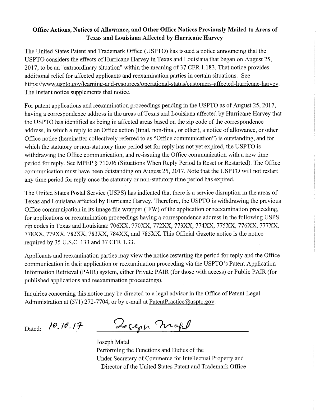 Office Actions, Notices of Allowance, and Other Office Notices Previously Mailed to Areas of Texas and Louisiana Affected by Hurricane Harvey