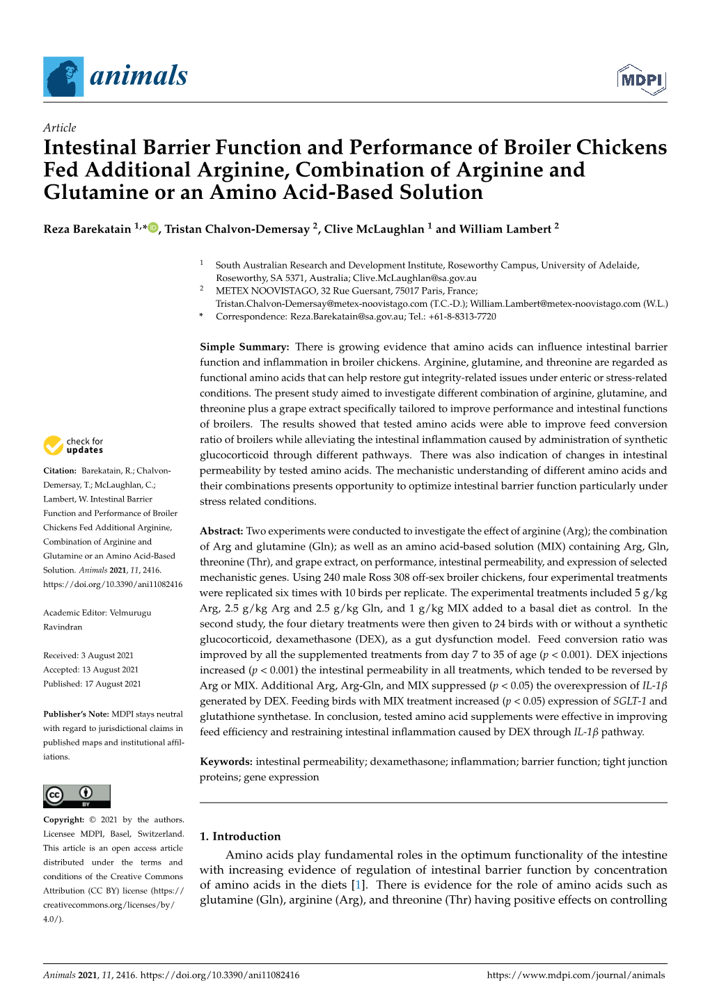Intestinal Barrier Function and Performance of Broiler Chickens Fed Additional Arginine, Combination of Arginine and Glutamine Or an Amino Acid-Based Solution