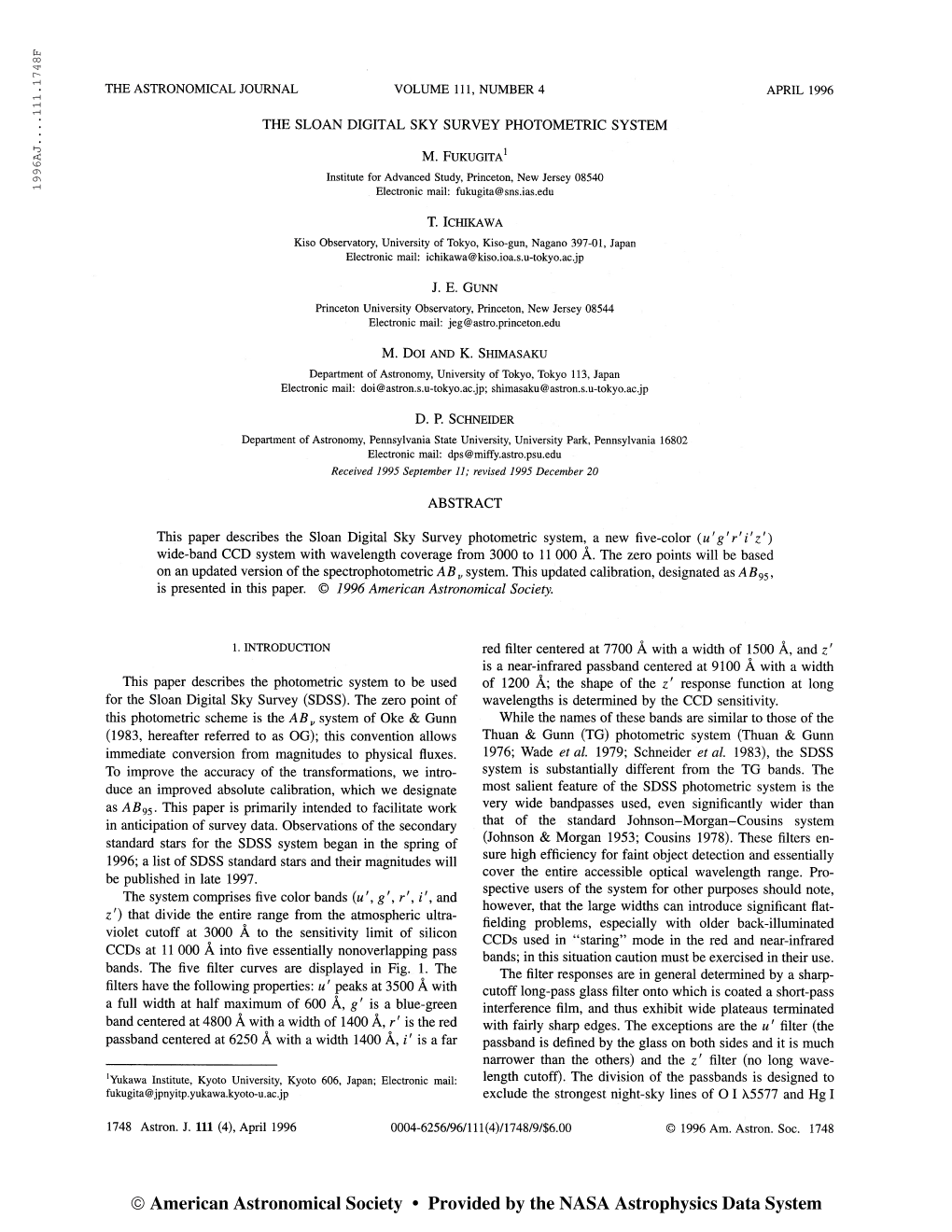 1996Aj 111.1748F the Astronomical Journal Volume 111, Number 4 April 1996 the Sloan Digital Sky Survey Photometric System M