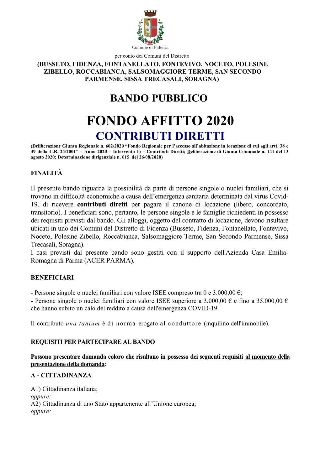 FONDO AFFITTO 2020 CONTRIBUTI DIRETTI (Deliberazione Giunta Regionale N