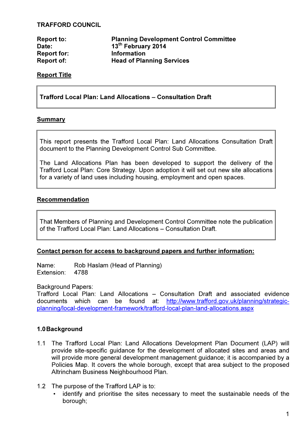 Trafford Local Plan: Land Allocations – Consultation Draft