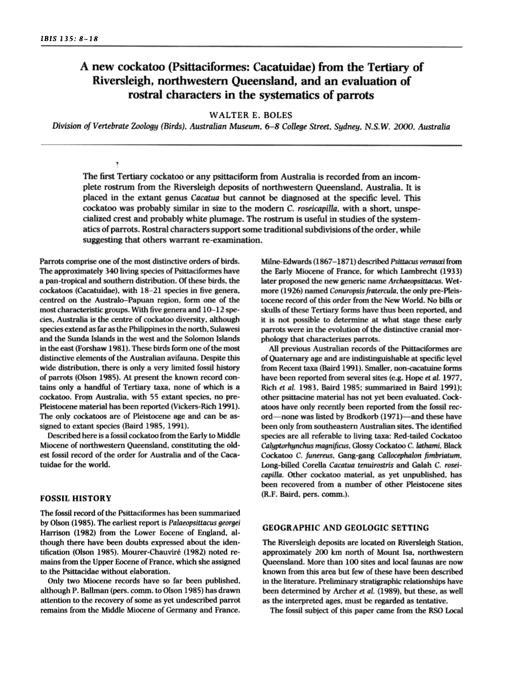 A New Cockatoo (Psittaciformes: Cacatuidae) from the Tertiary Of