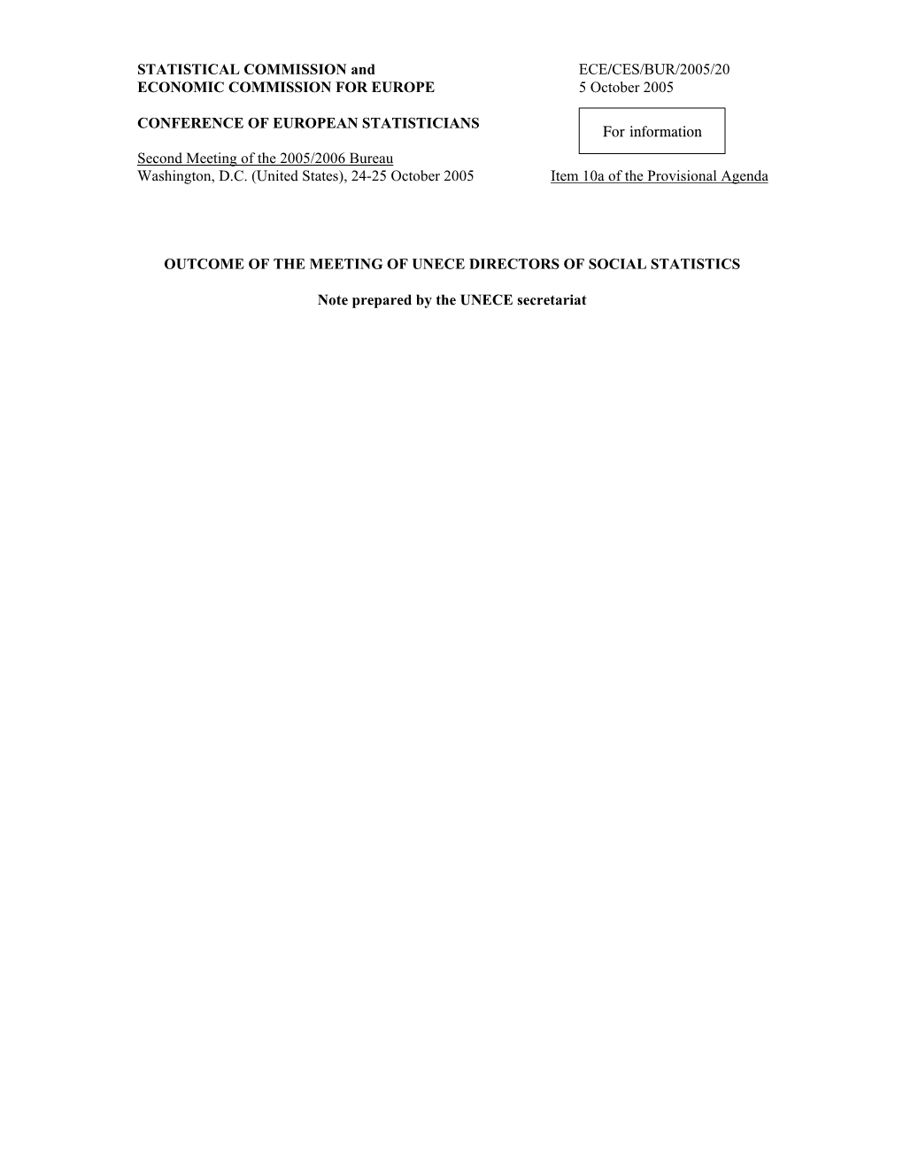 STATISTICAL COMMISSION and ECE/CES/BUR/2005/20 ECONOMIC COMMISSION for EUROPE 5 October 2005