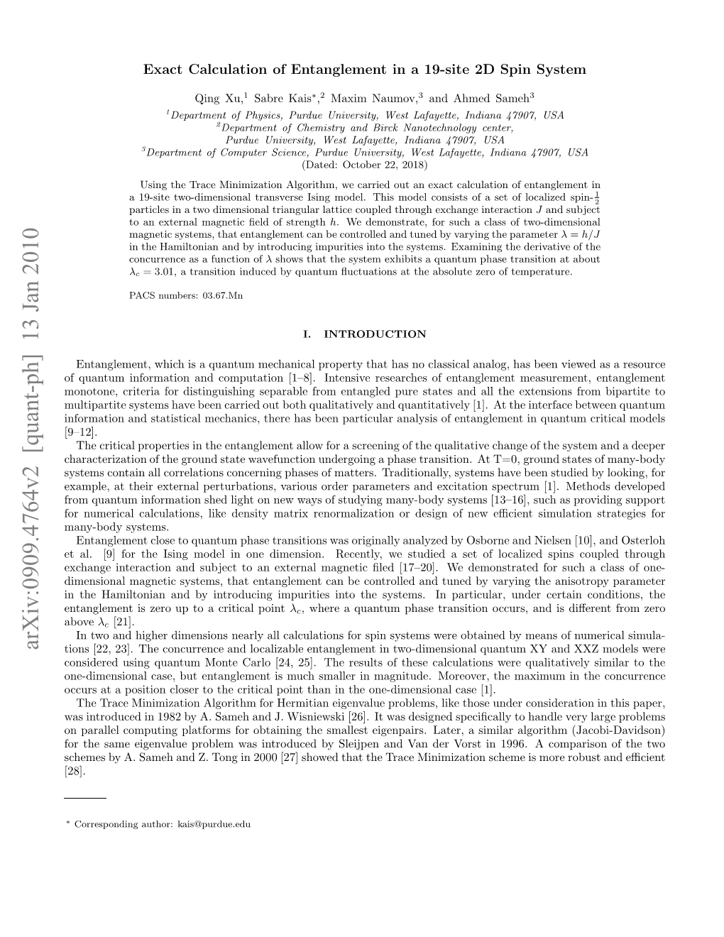 Exact Calculation of Entanglement in a 19-Site 2D Spin System