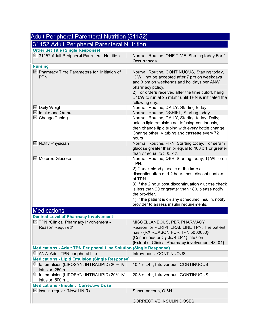 31152 Adult Peripheral Parenteral Nutrition Medications