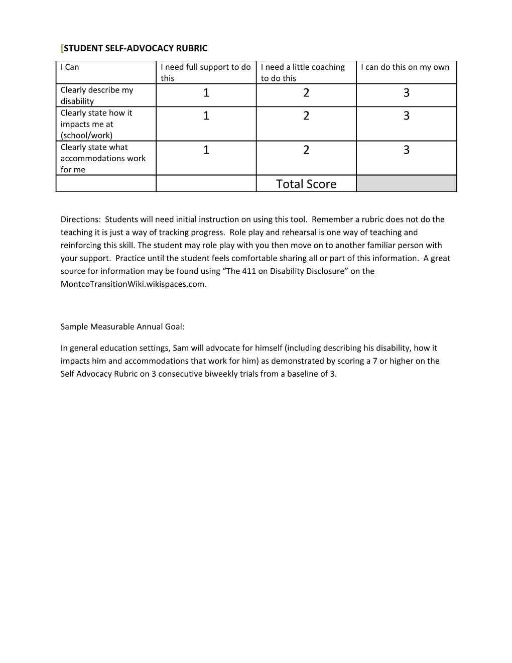 Student Self-Advocacy Rubric