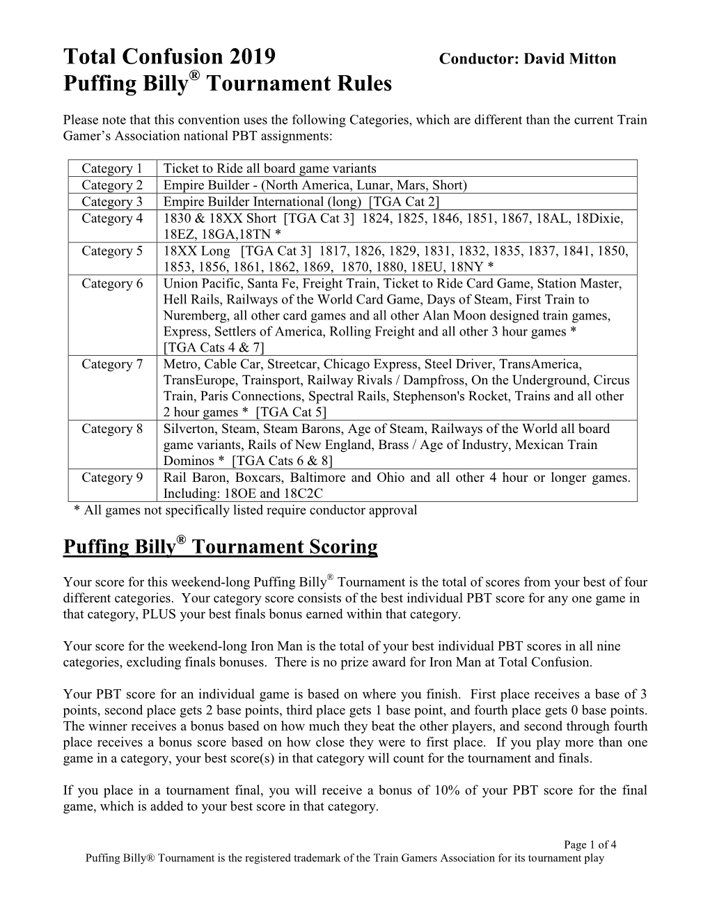 Total Confusion 2019 Puffing Billy Tournament Rules