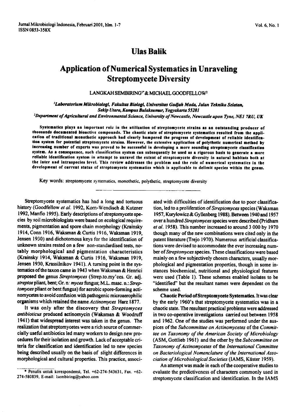 Application of Numerical Systematics in Unraveling Streptomycete Diversity