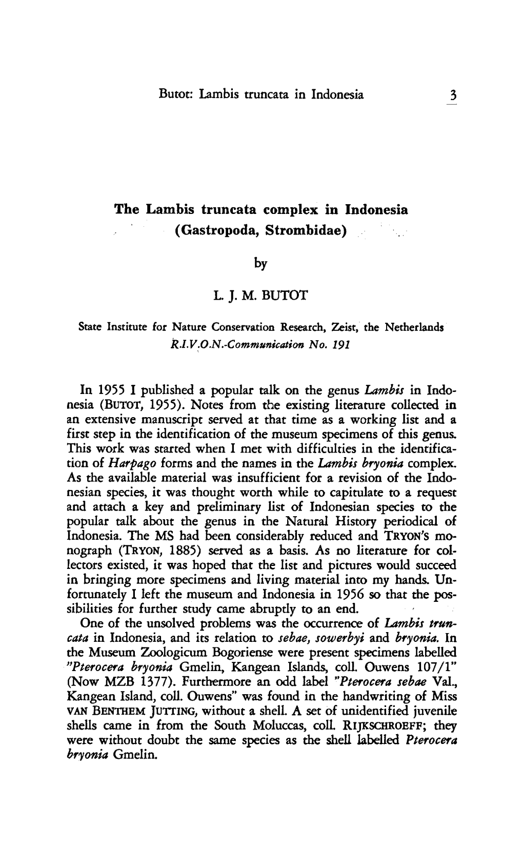 Complex (Gastropoda, Strombidae) by L.J.M. Butot 1955 I Published