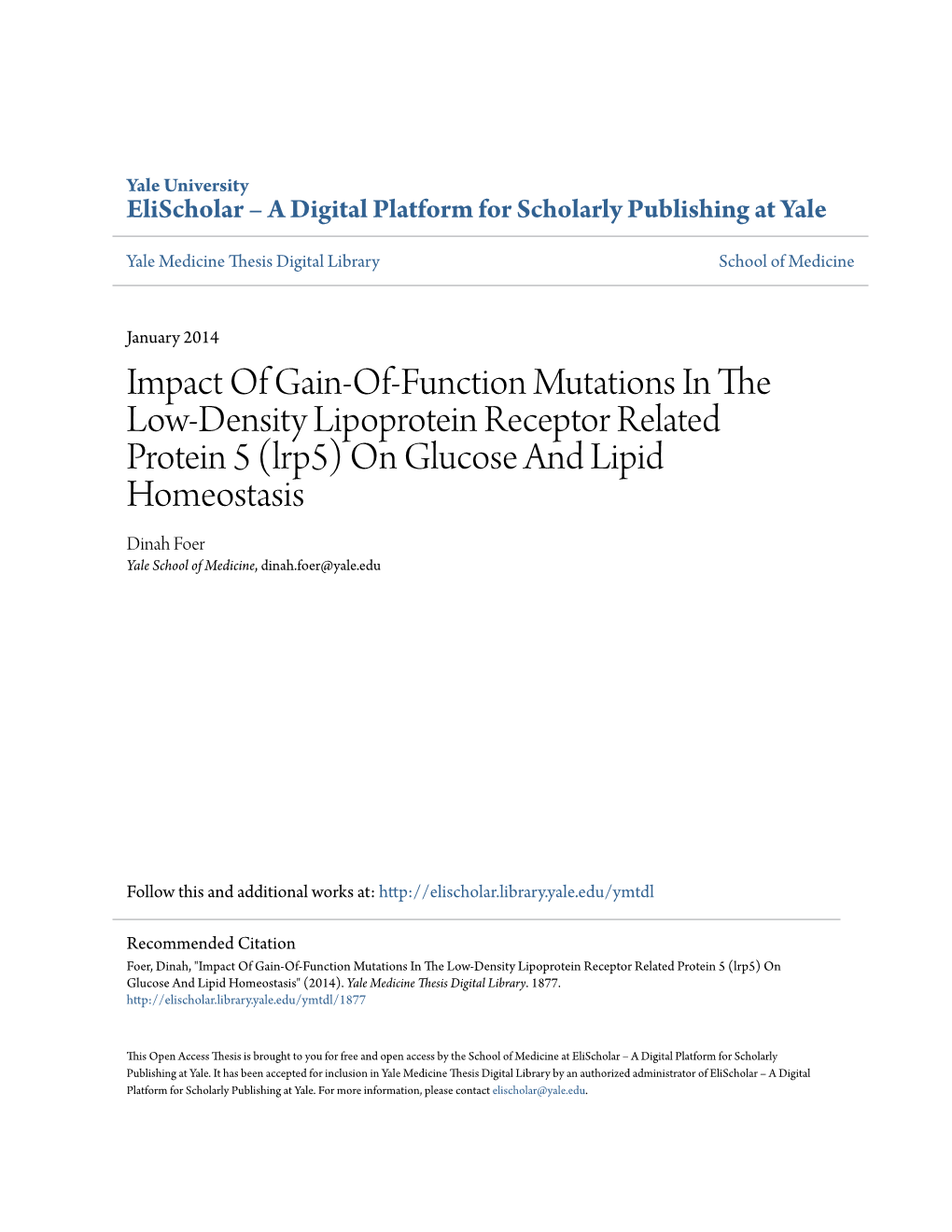 Lrp5) on Glucose and Lipid Homeostasis Dinah Foer Yale School of Medicine, Dinah.Foer@Yale.Edu