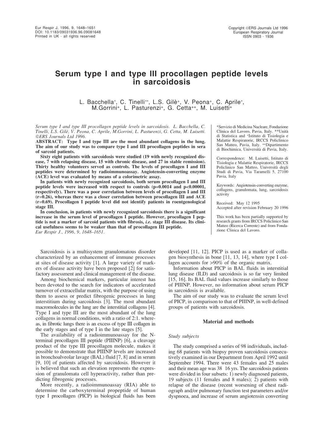 Serum Type I and Type III Procollagen Peptide Levels in Sarcoidosis